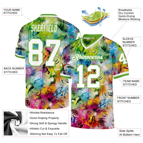 Custom Graffiti Pattern White-Neon Green 3D Mesh Authentic Throwback Football Jersey