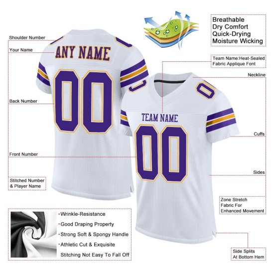 Custom White Purple-Gold Mesh Authentic Football Jersey