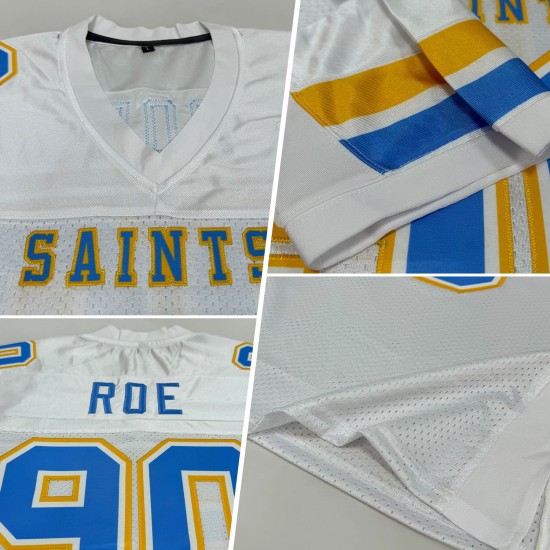 Custom White Light Blue-Gold Mesh Authentic Football Jersey